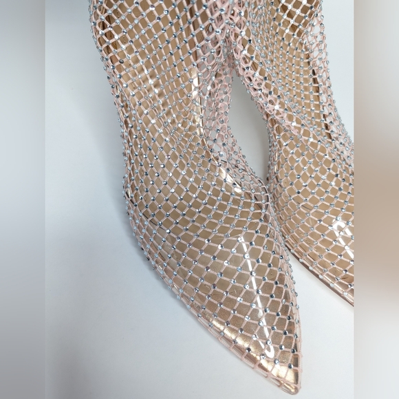 JF Rhinestone Fishnet Pink Rose Gold Stiletto High Heels Clear Netting Size 7.5 - Picture 5 of 13